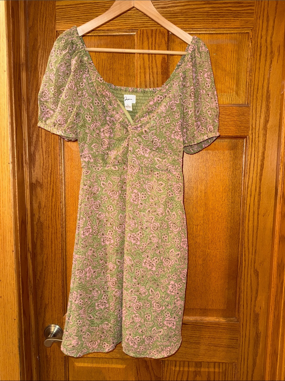 Japna Olive and Pink Floral Puff Sleeve Mini Dress - Picture 1 of 4